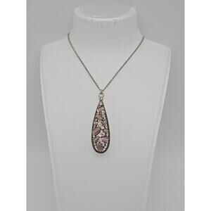 Antiqued Silver Tone Rhinestone Pink Enamel Teardrop Pendant 39" Chain Necklace